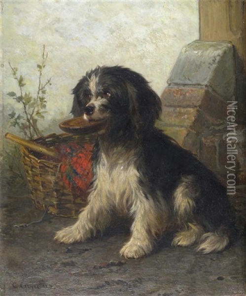 A Black And White Terrier By A Basket Oil Painting - Conradyn Cunaeus