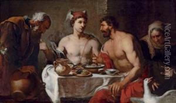 Jupiter And Mercury In The House Of Philemon And Baucis Oil Painting - Johann Heiss