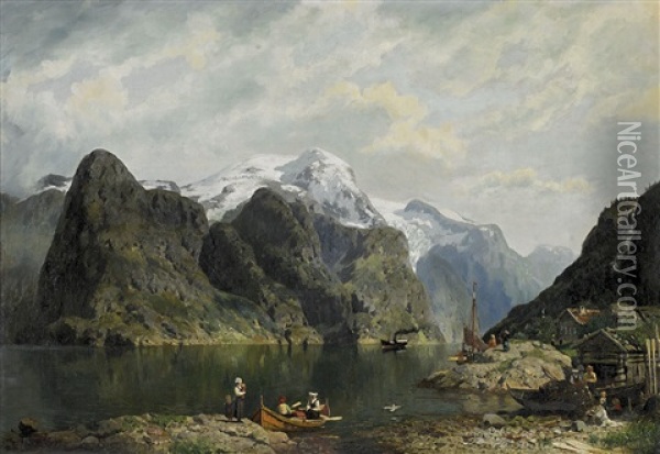 Fiord And Figures With Boats Oil Painting - Niels Bjornsen Moller