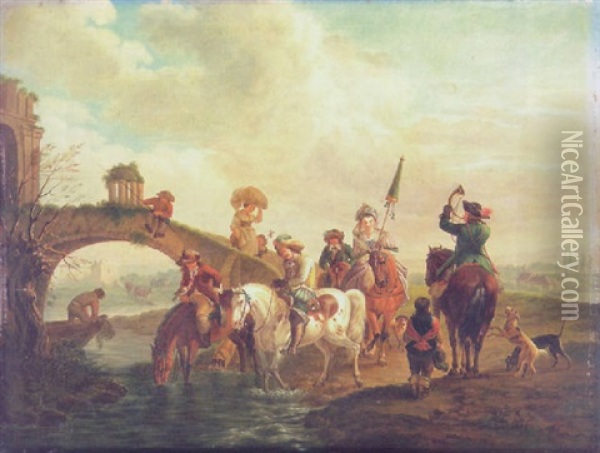 Eine Adlige Jagdgellschaft Trankt An Einem Flus Ihre Pferde Oil Painting - August Querfurt