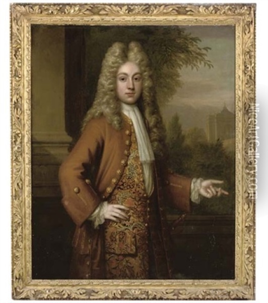 Portrait Of A Gentleman In A Brown Coat And Gold Embroidered Waistcoat, A Garden With Baroque Pavillion Beyond Oil Painting - Frederick Kerseboom