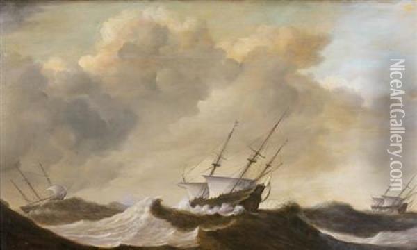 Ships In Turbulent Water Oil Painting - Claes Claesz. Wou