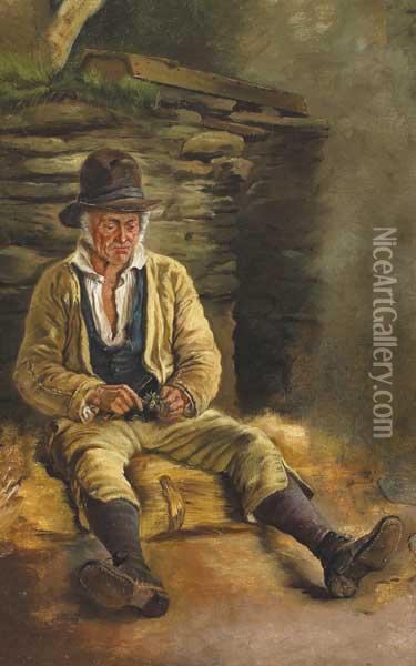 Study Of A Man Seated Outside A Cottage Oil Painting - James Brenan