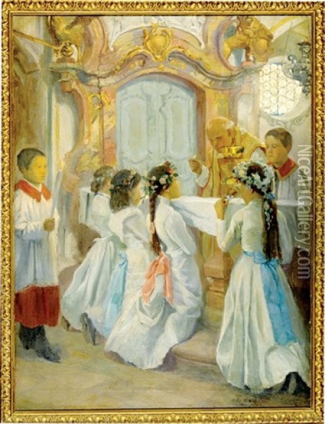 First Communion Oil Painting - Max Bohm