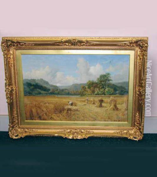 Hay Gathering With River Andcattle, Hills Beyond Oil Painting - Arthur Blackburn
