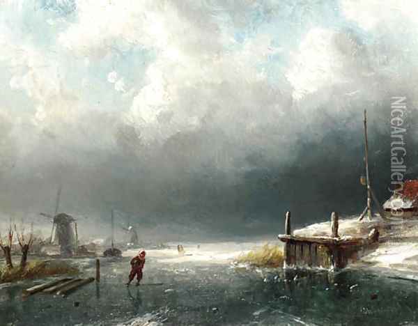 A skater on the ice, windmills in the distance Oil Painting - Charles Henri Leickert