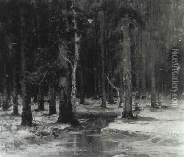Stream Through A Forest In Winter Oil Painting - Yuliy Yulevich (Julius) Klever