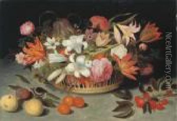 Lilies, Tulips, Roses, 
Carnations, Columbines, Marigolds, Anemones,hyacinth, Eglantines, 
Fritillaries And Other Flowers, With A Redadmiral Butterfly, With 
Peaches, Apricots, A Plum And A Sprig Ofcherries On A Table Oil Painting - Ambrosius the Elder Bosschaert