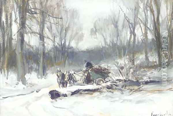 A horse-drawn cart on a frosty winter track Oil Painting - Louis Apol