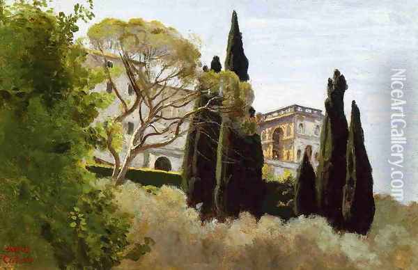 The Facade of the Villa d'Este at Tivoli, View from the Gardens Oil Painting - Jean-Baptiste-Camille Corot