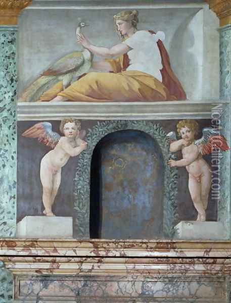 The Sala delle Prospettive Hall of Perspective detail of trompe l'oeil niche depicting the goddess Juno with a peacock, 1518-19 Oil Painting - Baldassare Peruzzi