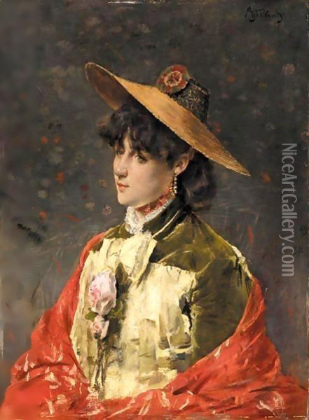 Femme Au Chapeau De Pail Oil Painting - Alfred Stevens