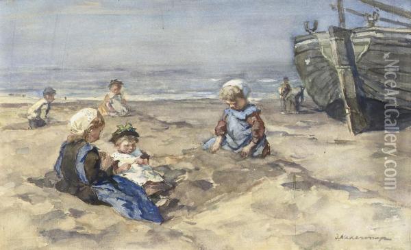 Children On The Beach Oil Painting - Johannes Evert Akkeringa