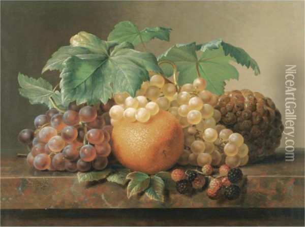 Stilleben Med Vindruer, Brombaer,
 Appelsin Og Ananas (a Still Life Of Grapes, Blackberries, An Orange And
 A Pineapple) Oil Painting - Johan Laurentz Jensen