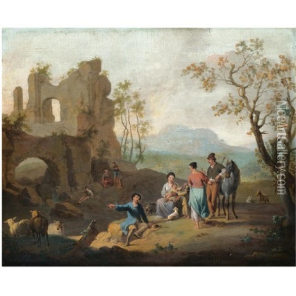 An Italianate Landscape With Travellers Resting Near Ruins And A Shepherd Tending His Flock Near A Stream Oil Painting - Franz de Paula Ferg