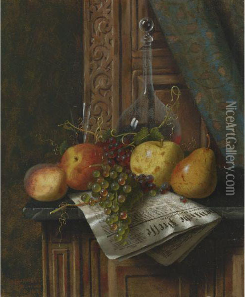 Still Life With Munich Newspaper, Fruit And Decanter Oil Painting - William Michael Harnett