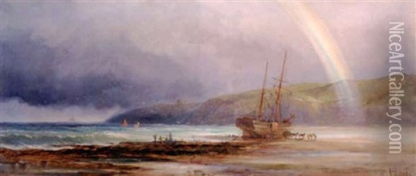 Beached Sailing Vessel With Figures, Whitby Abbey In The Distance Oil Painting - John Francis Bland