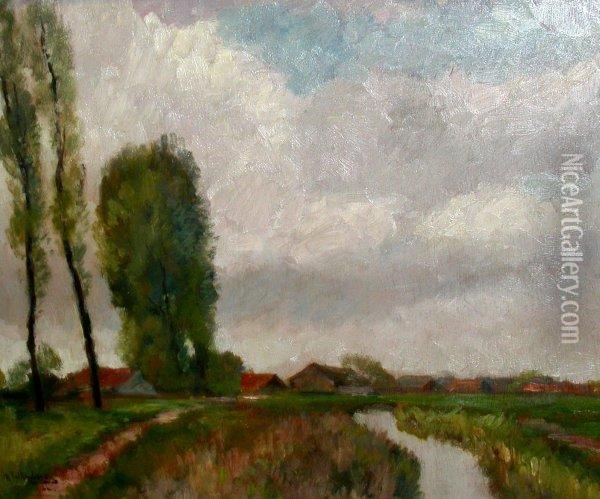 Landschaft Mit Hohen Pappeln Und Blick Auf Ein Dorfchen Oil Painting - Richard Falkenberg
