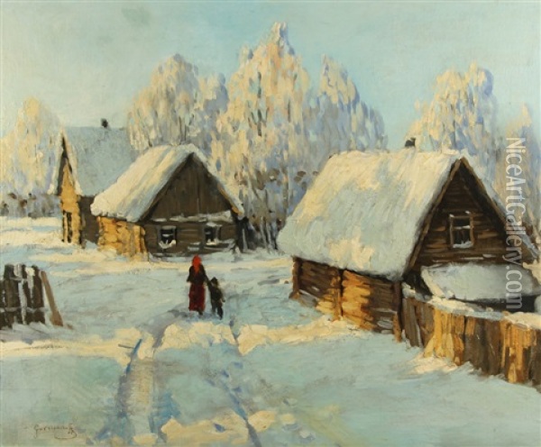 Mere Et Enfant Dans Le Village Enneige Oil Painting - Mikhail Guermacheff