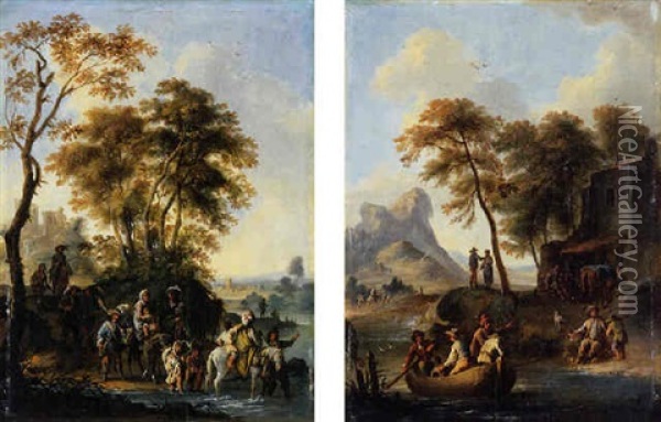 An Italianate Wooded Landscape With Travellers Crossing A River Oil Painting - Franz de Paula Ferg