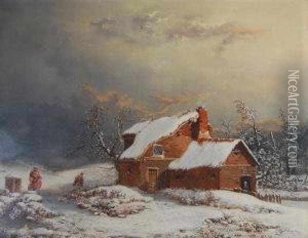 Figures By A Cottage In A Winter Wooded Landscape Oil Painting - William Malbon