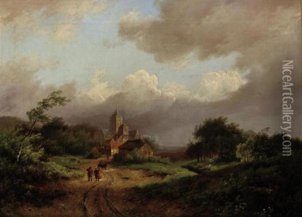 Landscape With Travellers Along A Path Oil Painting - Marianus Adrianus Koekkoek
