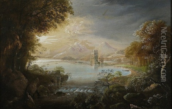 Ross Castle Killarney, With Figures Angling In Foreground Oil Painting - William Sadler the Younger