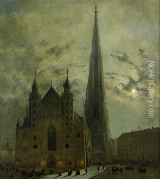 Der Wiener Stephansdom Mit Kirchgangern Bei Mondschein Oil Painting - Johann Heinrich Hintze