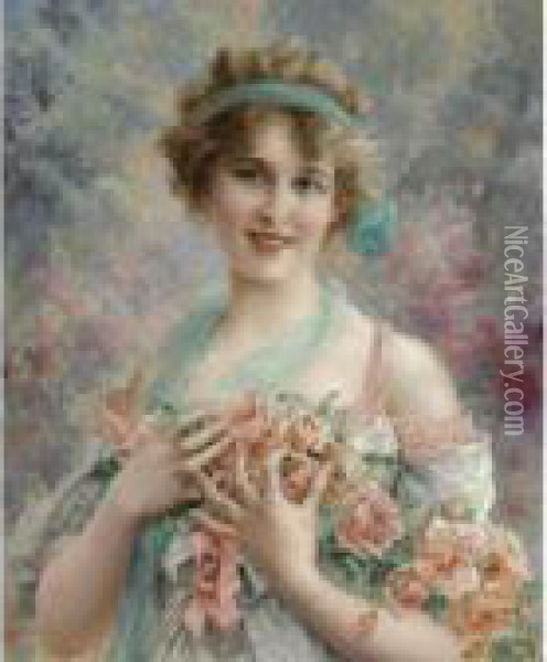 Fille Aux Roses Oil Painting - Emile Vernon