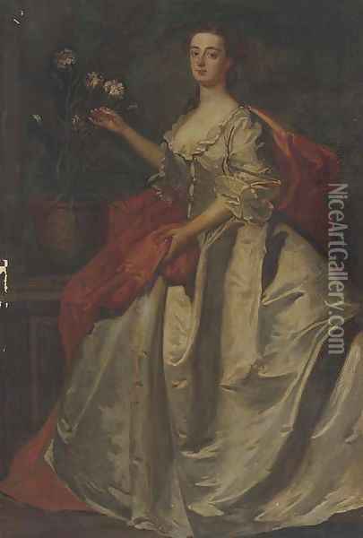 Portrait of Mary, wife of Edward Howard, 9th Duke of Norfolk, full-length, in a pale blue dress and red wrap Oil Painting - James Latham