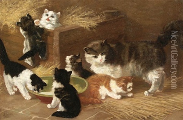 Playful Kittens Oil Painting - Louis Eugene Lambert