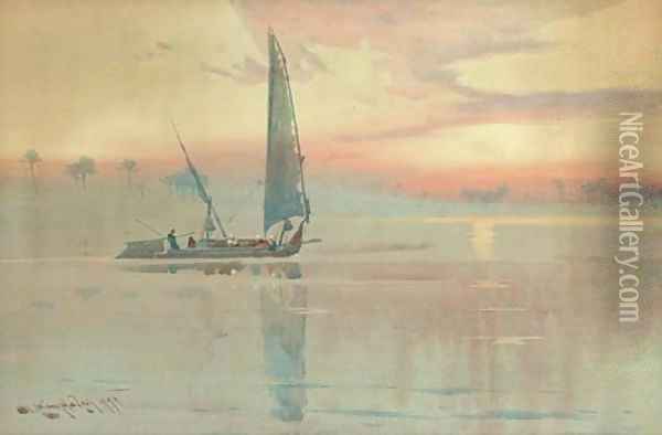 A felucca on the Nile at dusk Oil Painting - Augustus Osborne Lamplough