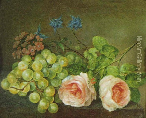 Weintrauben, Rosen Und Andere Blumen Auf Einemn Tisch Oil Painting - Paul Theodor van Bruessel