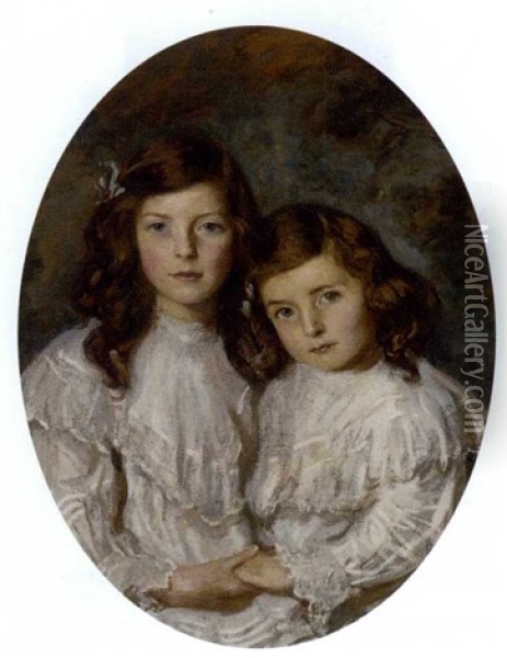Double Portrait Of Two Sisters In White Dresses Oil Painting - Daniel Albert Wehrschmidt