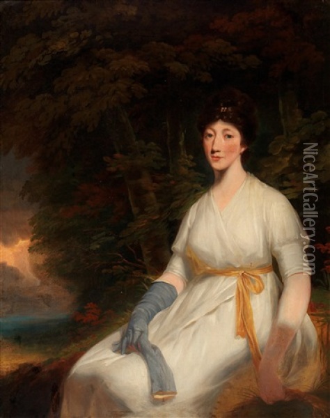 Portrait Of A Lady Set In A Landscape Wearing Grey Gloves Oil Painting - Sir John Hoppner