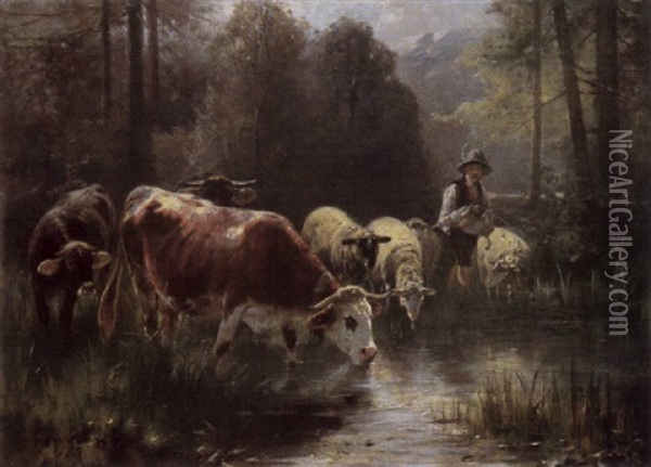 Huterbub Mit Vieh An Der Tranke Des Waldweihers Oil Painting - Otto Friedrich Gebler