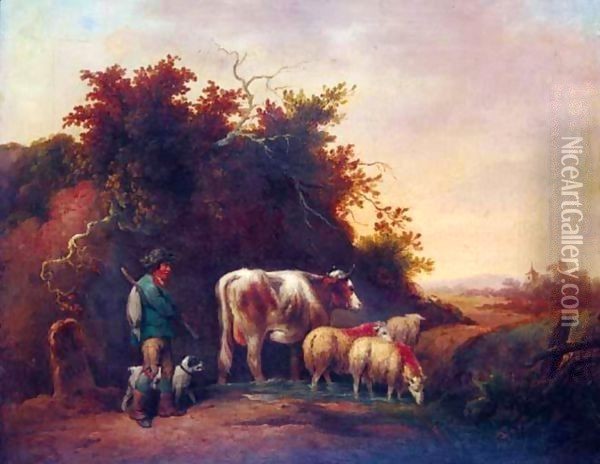 A Drover With Sheep And Cattle Watering In A Stream Oil Painting - George Morland