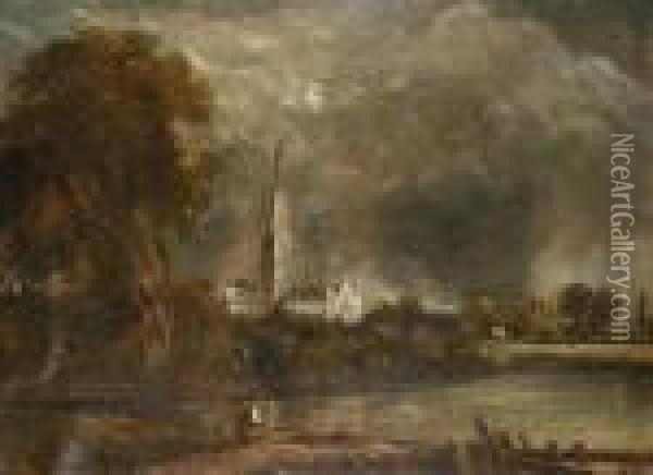 Salisbury Cathedral From Long Bridge Nearfisherton Mill Oil Painting - John Constable