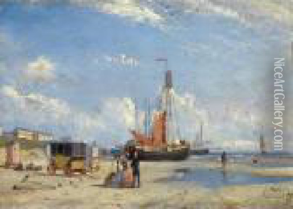 Figures On Scheveningen Beach Near The Badhotel And Paviljoen Von Wied Oil Painting - Petrus Paulus Schiedges