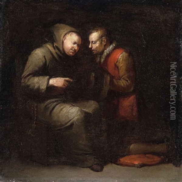 A Monk Listening To The Confession Of A Kneeling Man Oil Painting - Egbert van Heemskerck the Elder