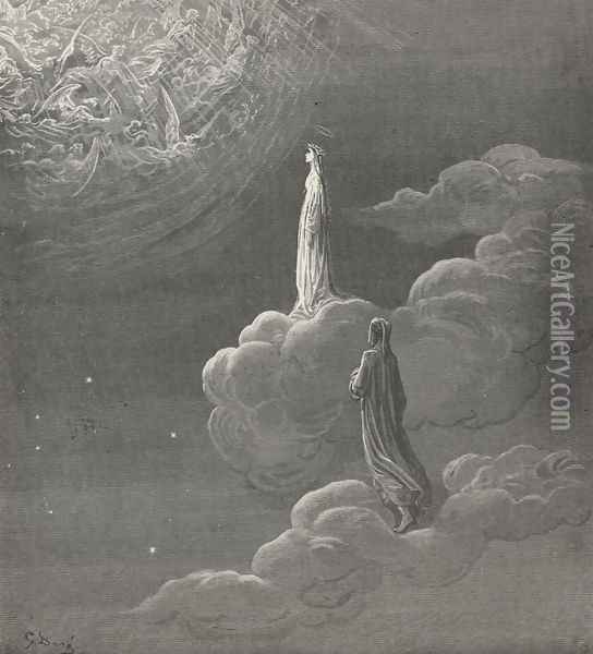 I beheld myself, Sole with my lady, to more lofty bliss Translated (Canto XIV., lines 82-83) Oil Painting - Gustave Dore