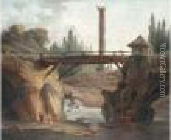 Vue Du Parc De Mereville : La 
Grande Cascade Derriere Le Pont Rustique Et Le Belvedere Domine Par La 
Colonne Trajane Oil Painting - Hubert Robert