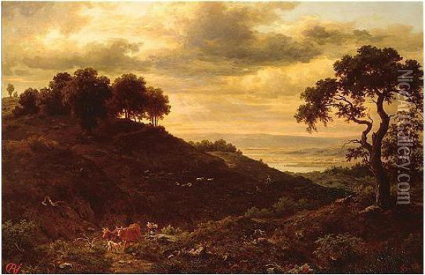 Evening Landscape, Signed With Monogram And Dated 87, Oil On Canvas, 51 X 77 Cm.; 20 X 30 1/2 In Oil Painting - Rudolf Jonas