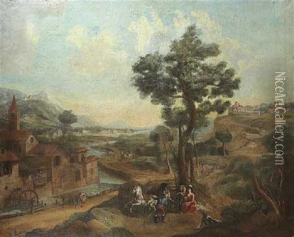 Paysage De La Campagne Italienne Avec Un Moulin A Eau Oil Painting - Giovanni Battista Cimaroli