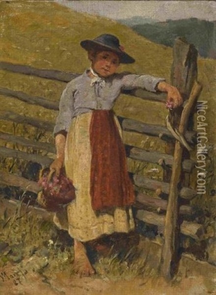Bauernmadchen Mit Blumenkorb Am Gatter Oil Painting - Wilhelm Marc