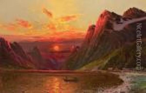 Red Evening Sun Over Norwegian Bay Scenery. Signed J. Holmstedt Oil Painting - Karl Kaufmann