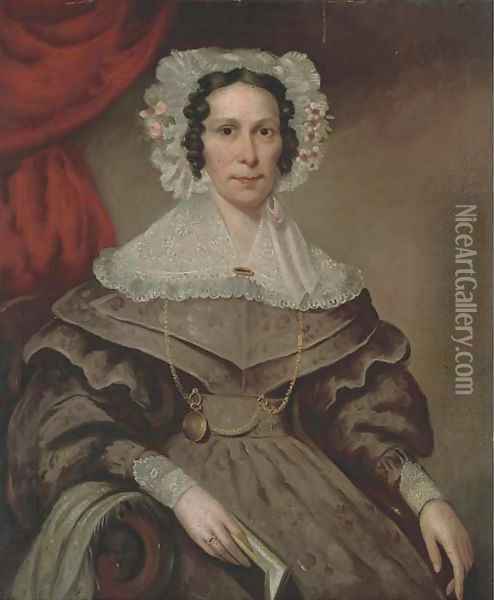 Portrait of a lady, seated three-quarter-length, in a lace trimmed purple dress, holding a book Oil Painting - English School