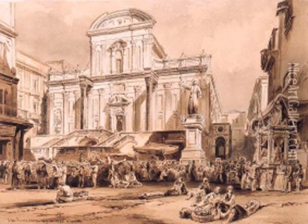 San Paolo, Naples; And Chiesa Del Carmin, Naples Oil Painting - Achille Vianelli