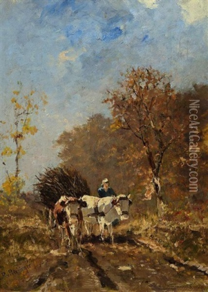 Bauer Mit Ochsenwagen In Herbstlicher Landschaft Oil Painting - Richard Von Poschinger