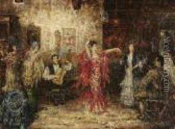 Dancingflamenco In A Parlour Oil Painting - Juan Pablo Salinas Y Teruel